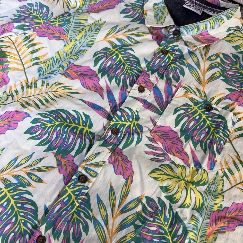 Ron Jon Surf Shop Mens Large Tropical Leaf Button Up Shirt White Pink 6WV1888‎